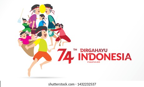 Indonesia traditional games during independence day, climbed the areca nut or greasy pole,Cracker eating, egg and spoon race, tug of war, racing inside sack happily. celebration of freedom. - Vector