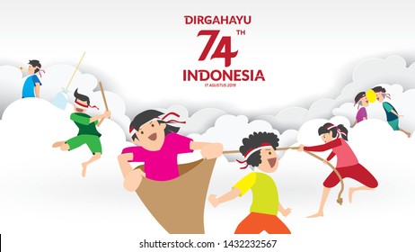 Indonesia traditional games during independence day, climbed the areca nut or greasy pole,Cracker eating, egg and spoon race, tug of war, racing inside sack happily. celebration of freedom. - Vector