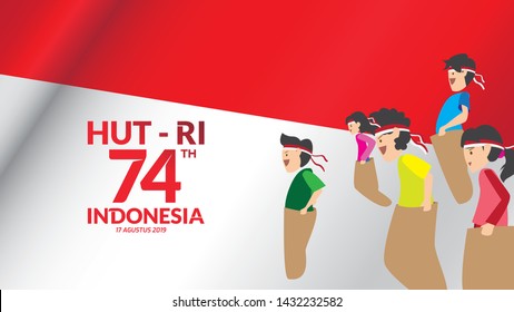 Indonesia traditional games during independence day, children racing inside sack to competition each other. celebration of freedom. - Vector