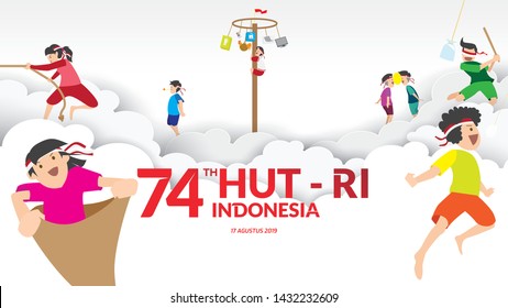 Indonesia traditional games during independence day, climbed the areca nut or greasy pole,Cracker eating, egg and spoon race, tug of war, racing inside sack happily. celebration of freedom. - Vector