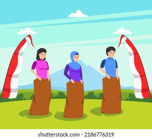 Indonesia traditional games during independence day, balap karung translate: sack race. celebration of freedom
