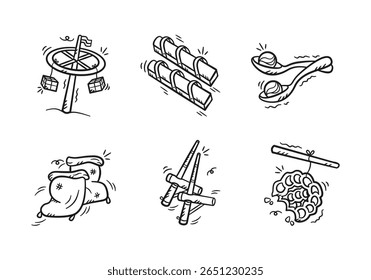 Indonésia jogos tradicionais ilustração desenhada à mão. Conjunto de Indonésia dia da independência concurso ícone vetorial doodle. Escalada de polonês, corrida de saco, bambu de gangue, mármore, tamanco e bolachas.
