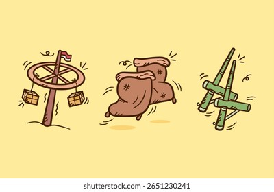 Indonésia jogos tradicionais ilustração desenhada à mão. Conjunto de Indonésia dia da independência concurso ícone vetorial doodle. Escalada de polonês, corrida de saco, corrida de bambu selvagem.