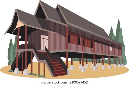 Indonesia Traditional House, Kalimantan Island Flat Design