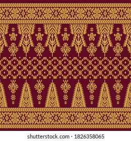 Indonesia Traditional Palembangnese Woven Cloth Songket Seamless Pattern. Gold And Red Color Combination. EPS 10 Vector.