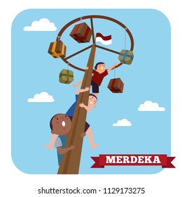 Indonesia traditional special games during Merdeka Day Indonesian Independence Day. Children climbed the areca nut.
