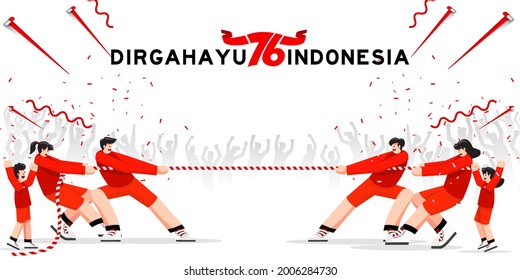 Indonesia traditional special games during independence day, Family, kids tug of war together with joy