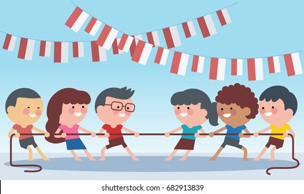 Indonesia traditional special games during independence day, children tug of war. Flat Illustration style.
