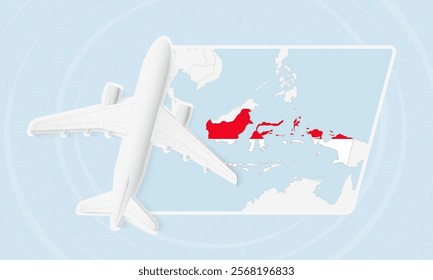 Indonesia Travel Illustration with Plane and National Flag. Ideal for travel agencies, promotional materials, or geographic content related to Indonesia.