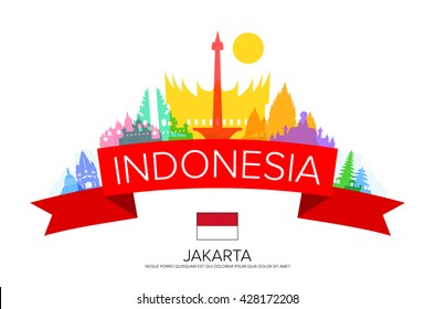 Indonesia Travel, jakarta Travel, Landmarks. Vector and Illustration