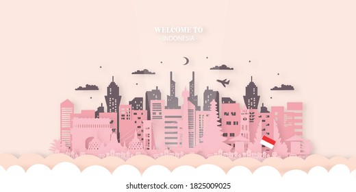 Indonesia Travel Ticket Postcard, poster, tour advertising of world famous landmarks of Indonesia. Vector illustration.