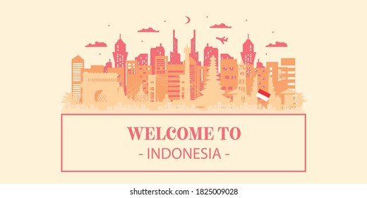 Indonesia Travel Ticket Postcard, poster, tour advertising of world famous landmarks of Indonesia. Vector illustration.