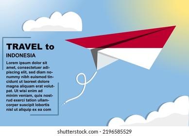 Indonesia travel vector banner with paper flag and text space, Indonesia country flag on paper plane, holiday and vacation concept, summer travel template and pattern, flight ticket idea