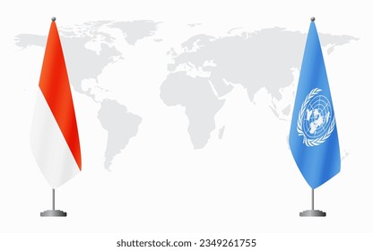 Indonesia and United Nations flags for official meeting against background of world map.