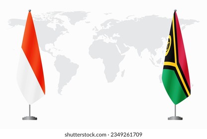 Indonesia and Vanuatu flags for official meeting against background of world map.