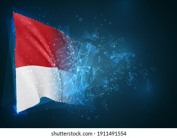 Indonesien, Vektorflagge, virtuelles abstraktes 3D-Objekt aus dreieckigen Polygonen auf blauem Hintergrund