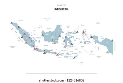 Indonesia vector map. Editable template with regions, cities, red pins and blue surface on white background. 