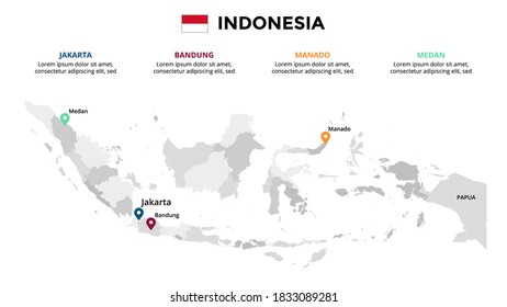 Plantilla de infografía del mapa vectorial de Indonesia. Presentación con diapositivas. Concepto de marketing comercial global. País asiático. Datos geográficos del transporte mundial. 
