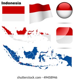 Indonesia vector set. Detailed country shape with region borders, flags and icons isolated on white background.