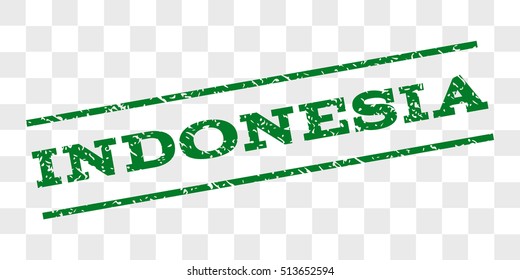 Indonesia watermark stamp. Text caption between parallel lines with grunge design style. Rubber seal stamp with dust texture. Vector green color ink imprint on a chess transparent background.