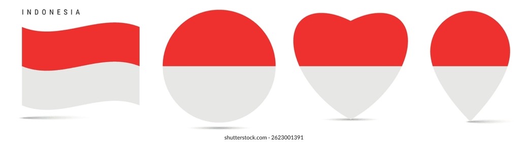 Indonesia waving flag, round circle sticker badge, heart shaped icon, map pin. Indonesian flag buttons of different shapes. Vector illustration isolated on white.