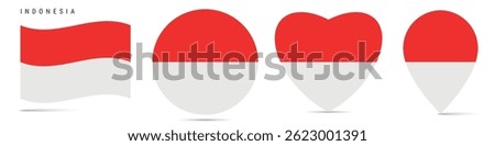 Indonesia waving flag, round circle sticker badge, heart shaped icon, map pin. Indonesian flag buttons of different shapes. Vector illustration isolated on white.