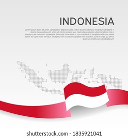 Indonesia wavy flag and mosaic map on white background. Wavy ribbon indonesia flag colors. National poster. Vector design. Business booklet. State patriotic banner, flyer