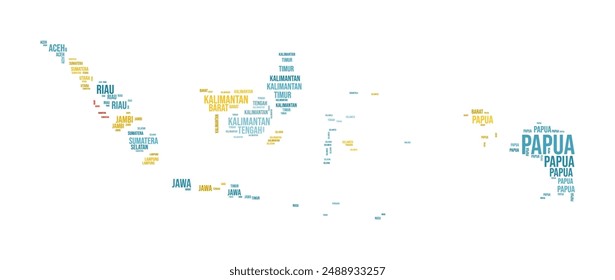 Indonesia Word Cloud. Country shape with region division. Indonesia typography style image. Region names tag clouds. Vector illustration.