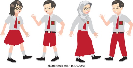 Indonesian 1-6 grade, students in Indonesian school uniform, cartoon  set. elementary school -Vector