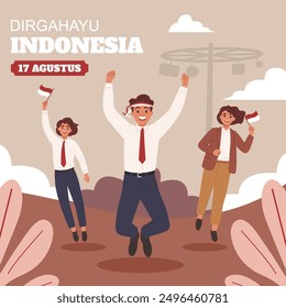 Indonesian 17 agustus perayaan kantor lomba karyawan sambil loncat flat social media template illustration. Indonesia employee office celebrate independence day.