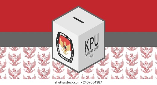 Indonesian 2024 election day (pemilu and pilpres) voting or ballot box with red and white flag background and Garuda Pancasila background