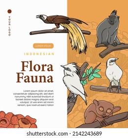 Animales indonesios y plantas dibujaron a mano ilustraciones vectoriales. Plantilla de publicación de Zoo en redes sociales