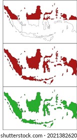 Indonesian archipelago map set of 3.
Indonesian land border. In red and white, in red, and in green color.