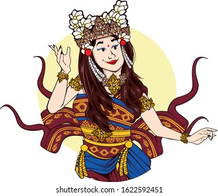Indonesian Bali Balinese Dancer performing ethnic dance vector illutration