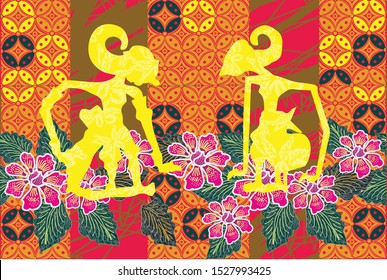 Indonesian batik designs with flora and puppet motifs
