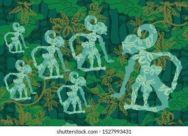 Indonesian batik designs with flora and puppet motifs