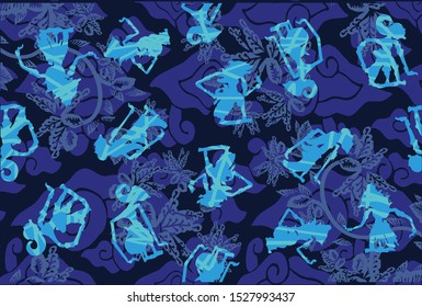 Indonesian batik designs with flora and puppet motifs