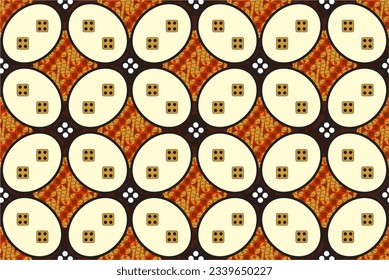 Indonesian Batik, a dyeing technique with wax applied to cloth. Development of Kawung motifs with various colors