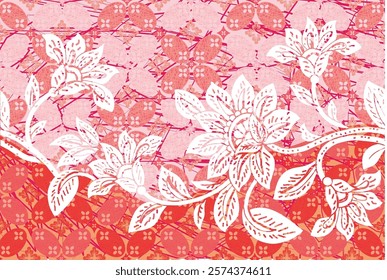 Indonesian Batik, exclusive floral motif, coloring applied to fabric, this technique originates from Indonesia. Batik is made by drawing dots and lines