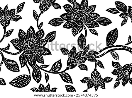 Indonesian Batik, exclusive floral motif, coloring applied to fabric, this technique originates from Indonesia. Batik is made by drawing dots and lines