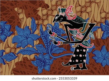 Motivos batik indonésio mostrando uma figura wayang kulit muito distinta