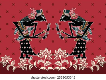 Motivos batik indonésio mostrando uma figura wayang kulit muito distinta