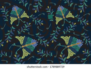 Indonesian batik motifs with distinctive butterfly and plant shape patterns. Vector, EPS10