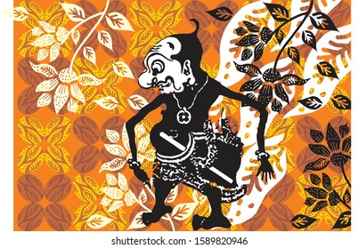 Indonesian batik with motifs of one of the Gareng puppet figures in a unified with plant patterns