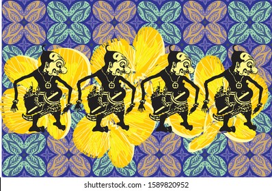 Indonesian batik with motifs of one of the Gareng puppet figures in a unified with plant patterns