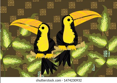 Indonesian batik motifs with toucan objects combined with very distinctive plant patterns