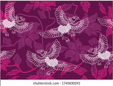 Indonesian batik motifs with unique flora and fauna patterns. Batik is a wax coloring technique applied to fabric, this technique originates from Indonesia. Design, Vector
