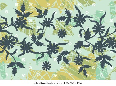Indonesian batik motifs with very distinctive plant patterns. Batik is a wax coloring technique that is applied to a cloth, this technique originates from Indonesia. Design, Vector
