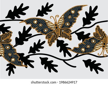Indonesian batik motifs with very distinctive patterns of plants and butterflies