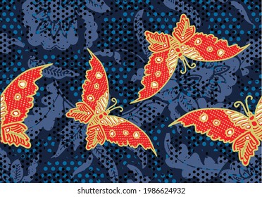 Indonesian batik motifs with very distinctive patterns of plants and butterflies